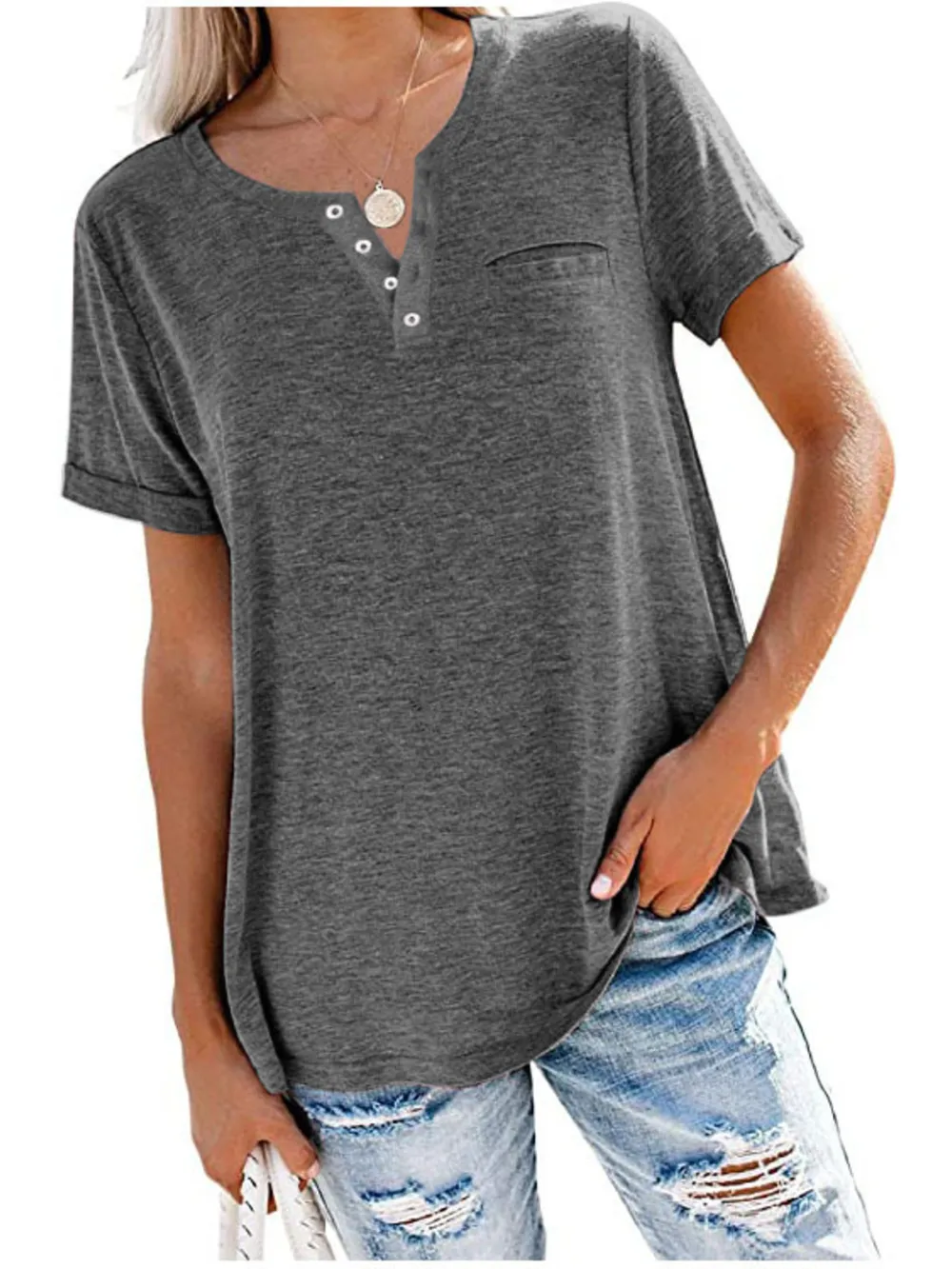 Full Size Notched Short Sleeve T-Shirt Plus Size, image 14