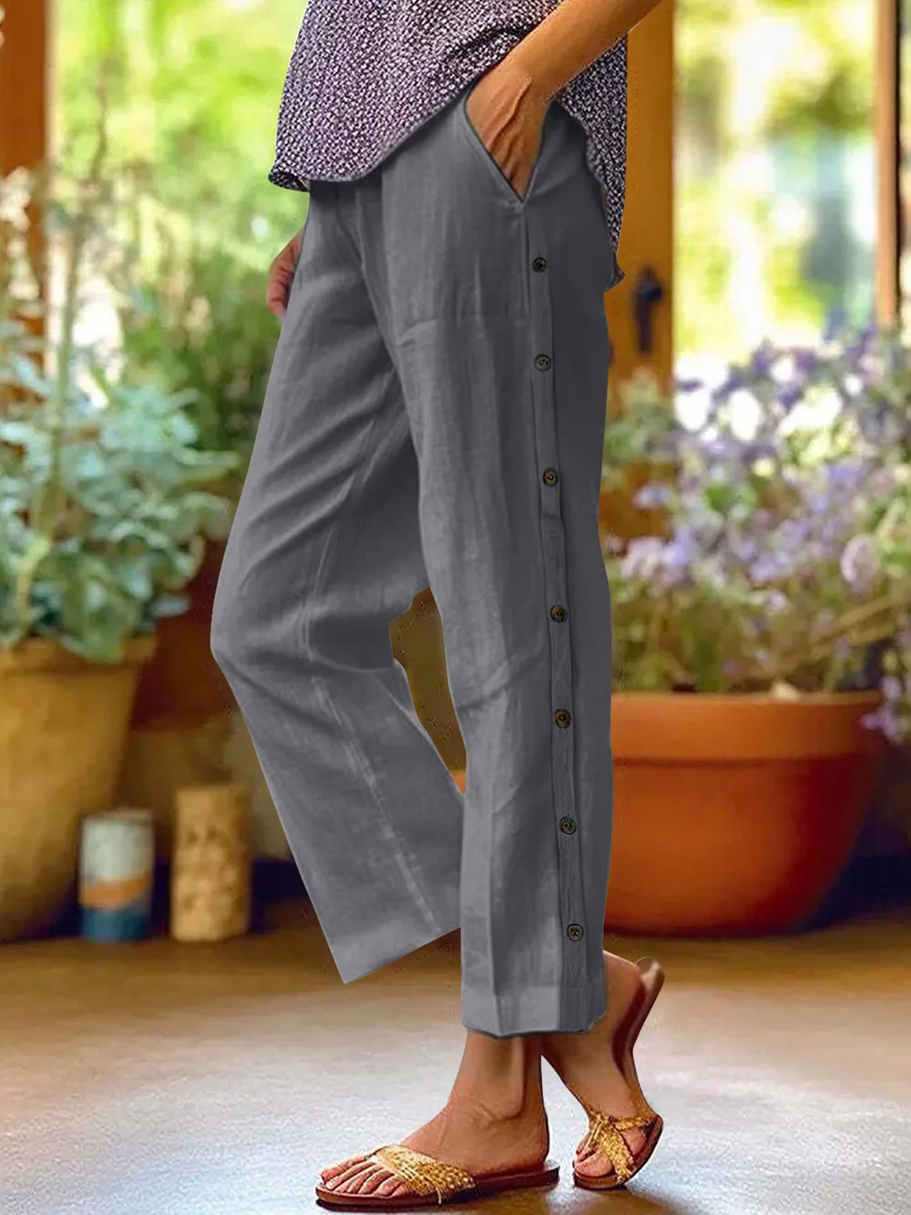 Full Size Side Decor Button Casual Wide Leg Pants Plus Size, image 11