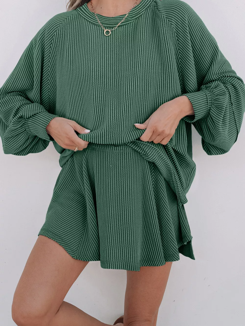 Corded Lantern Sleeve Top and High Waist Mini Skirt Set, image 5