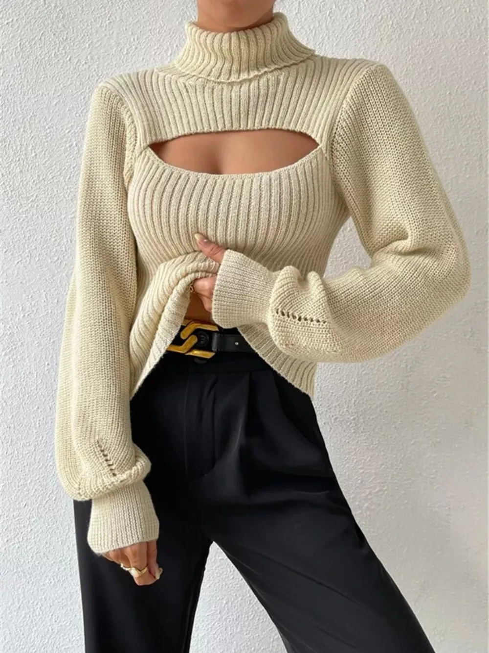 Cutout Front Turtleneck Long Sleeve Sweater, image 4