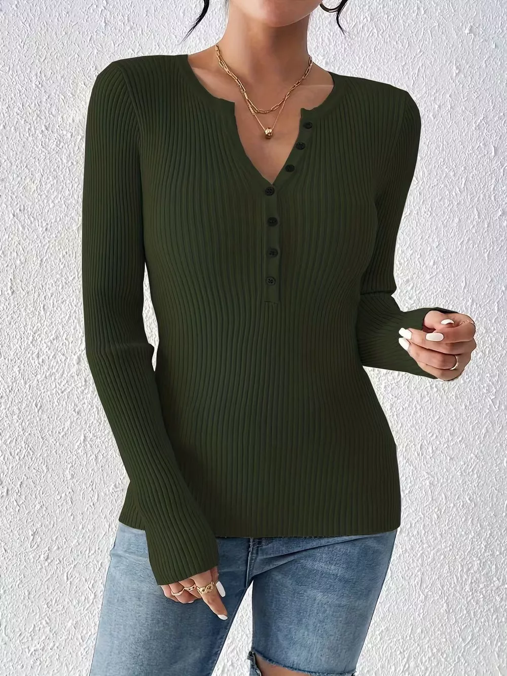 Ribbed Knit Button Front Knit Top, image 14