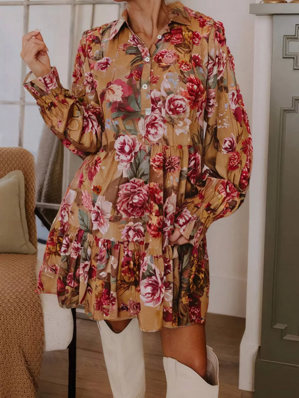 Floral Print Half Button Flounce Sleeve Ruffle Mini Dress, image 5