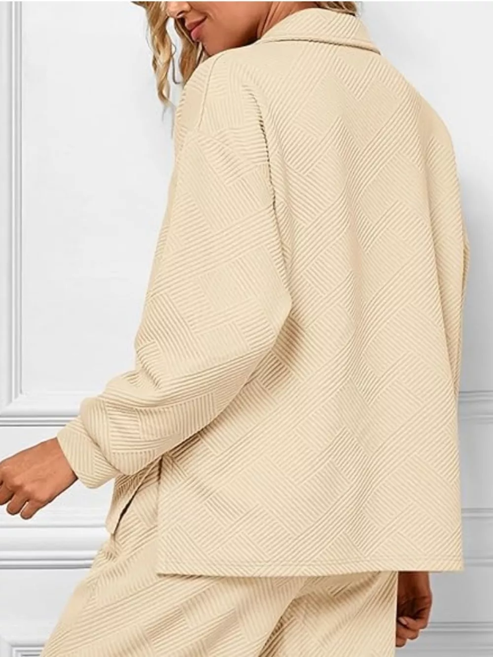 Side Slit Textured Top and Drawstring Pants Set, image 3