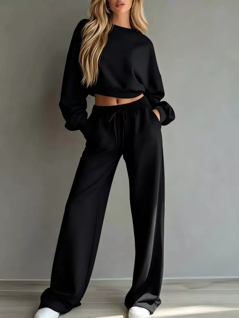 Round Neck Cropped Sweatshirt and Wide-Leg Pants Set, image 11