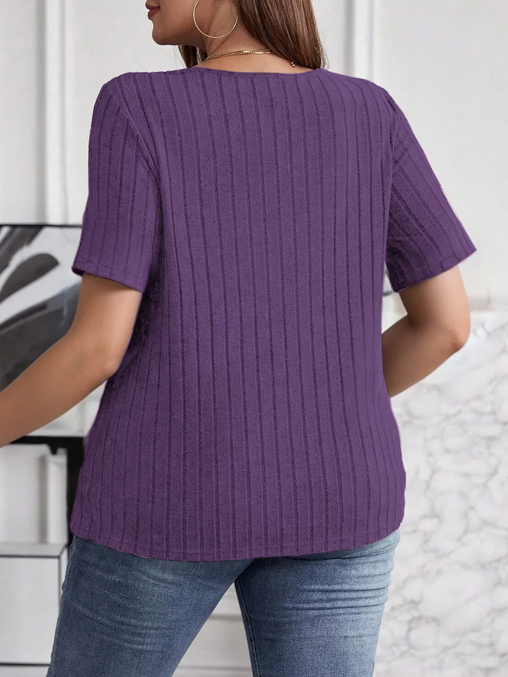 Plus Size V-Neck Short Sleeve Ribbed T-Shirt, image 11