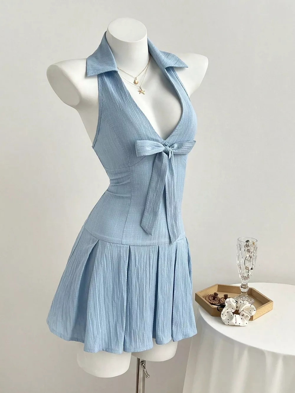 Halter Neck Bow Tie Pleated Mini Dress, image 5