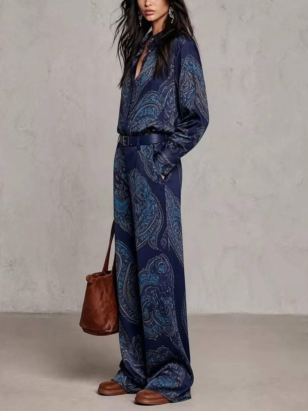 Paisley Print Long Sleeve Shirt and Wide-Leg Pants Set, image 10