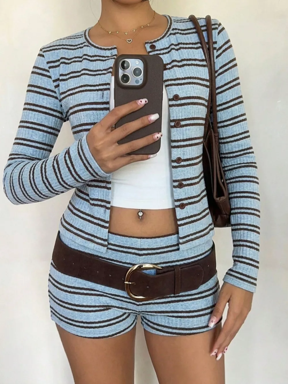 Striped Button-Down Cardigan and Shorts Set, image 8
