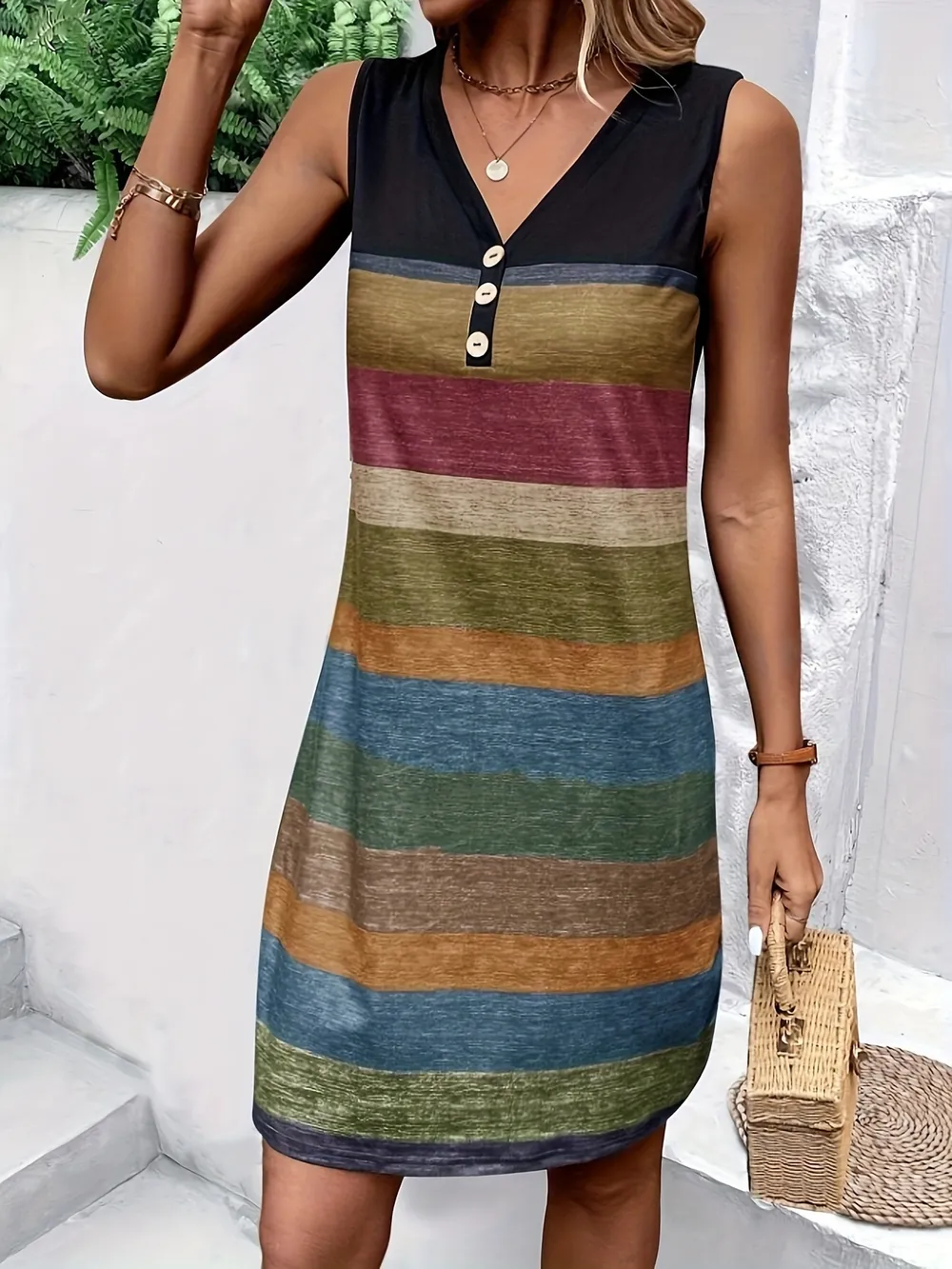Color Block Sleeveless V-Neck Tank Dress, image 3