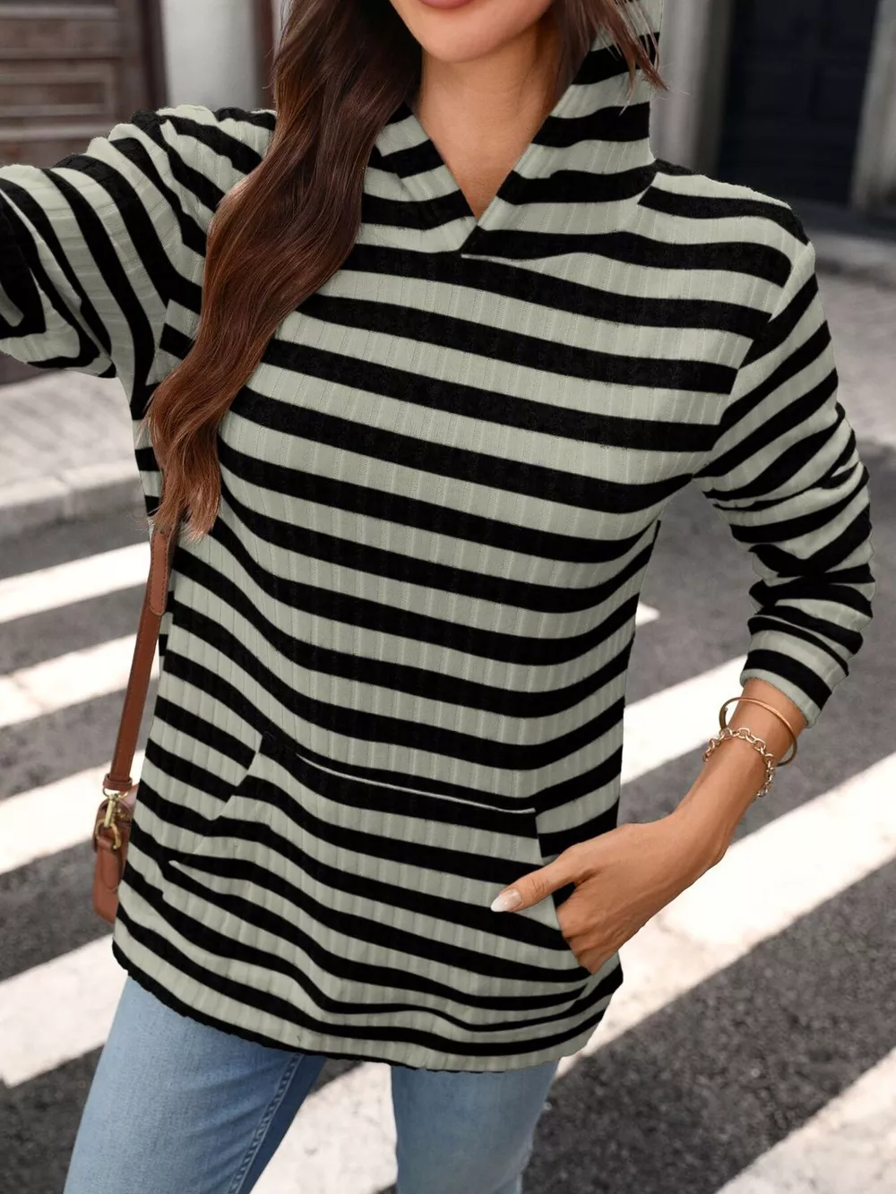 Casual Striped Ribbed Knit Hoodie with Kangaroo Pocket, image 10