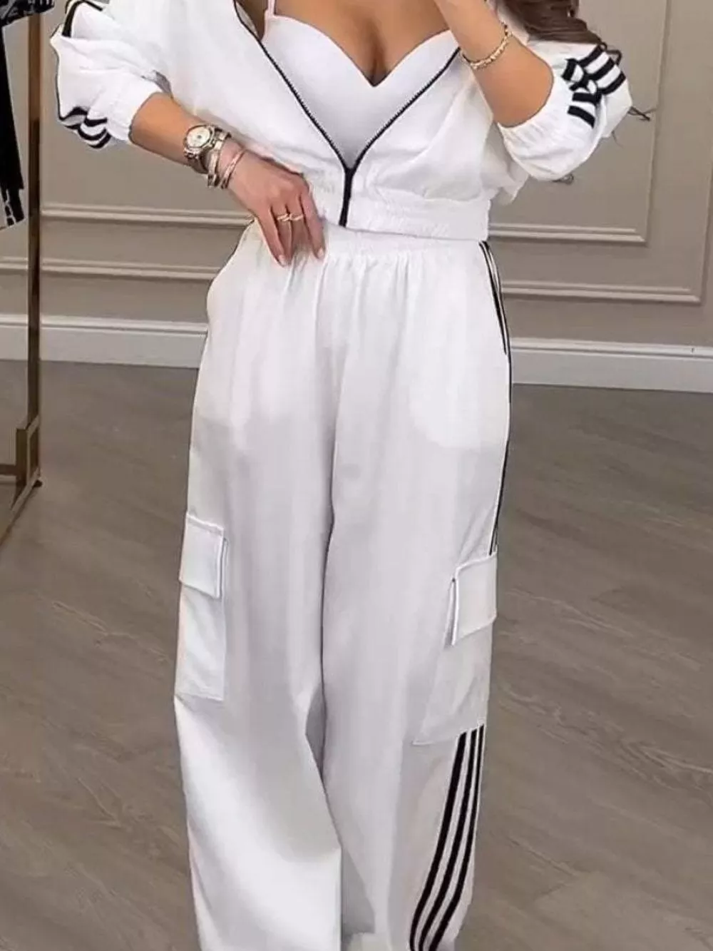 Full Size Side Striped Zip Up Outerwear and Pants Set Plus Size, image 2