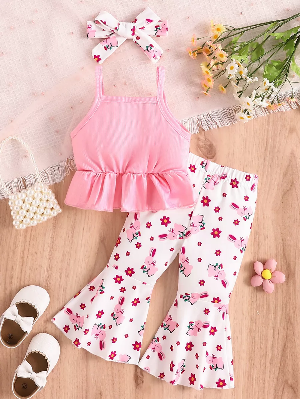 Children's Ruffle Hem Tank Top with Flare Pants and Headband Set, image 7