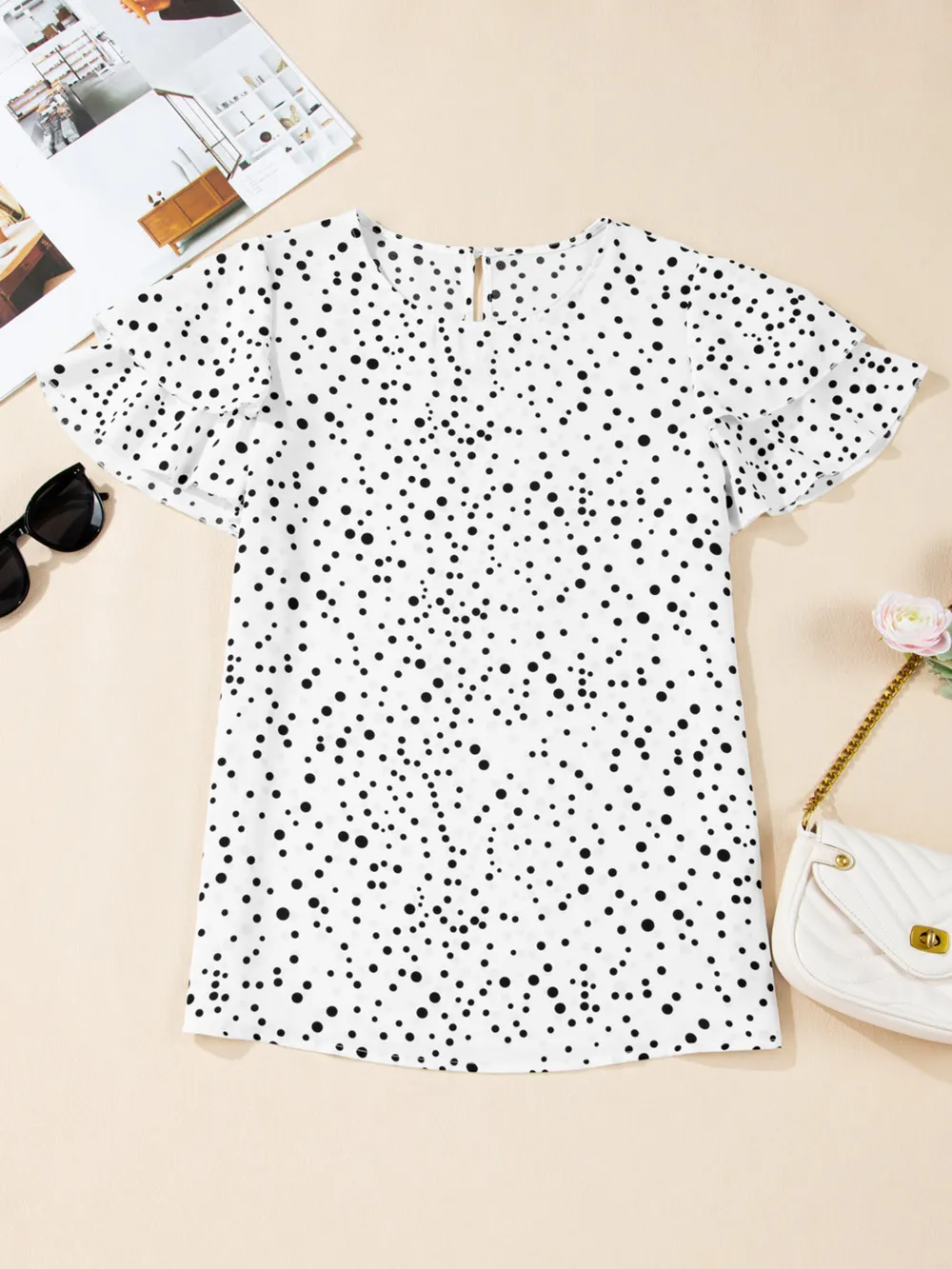 Polka Dot Layered Ruffled Short Sleeve Blouse, image 6