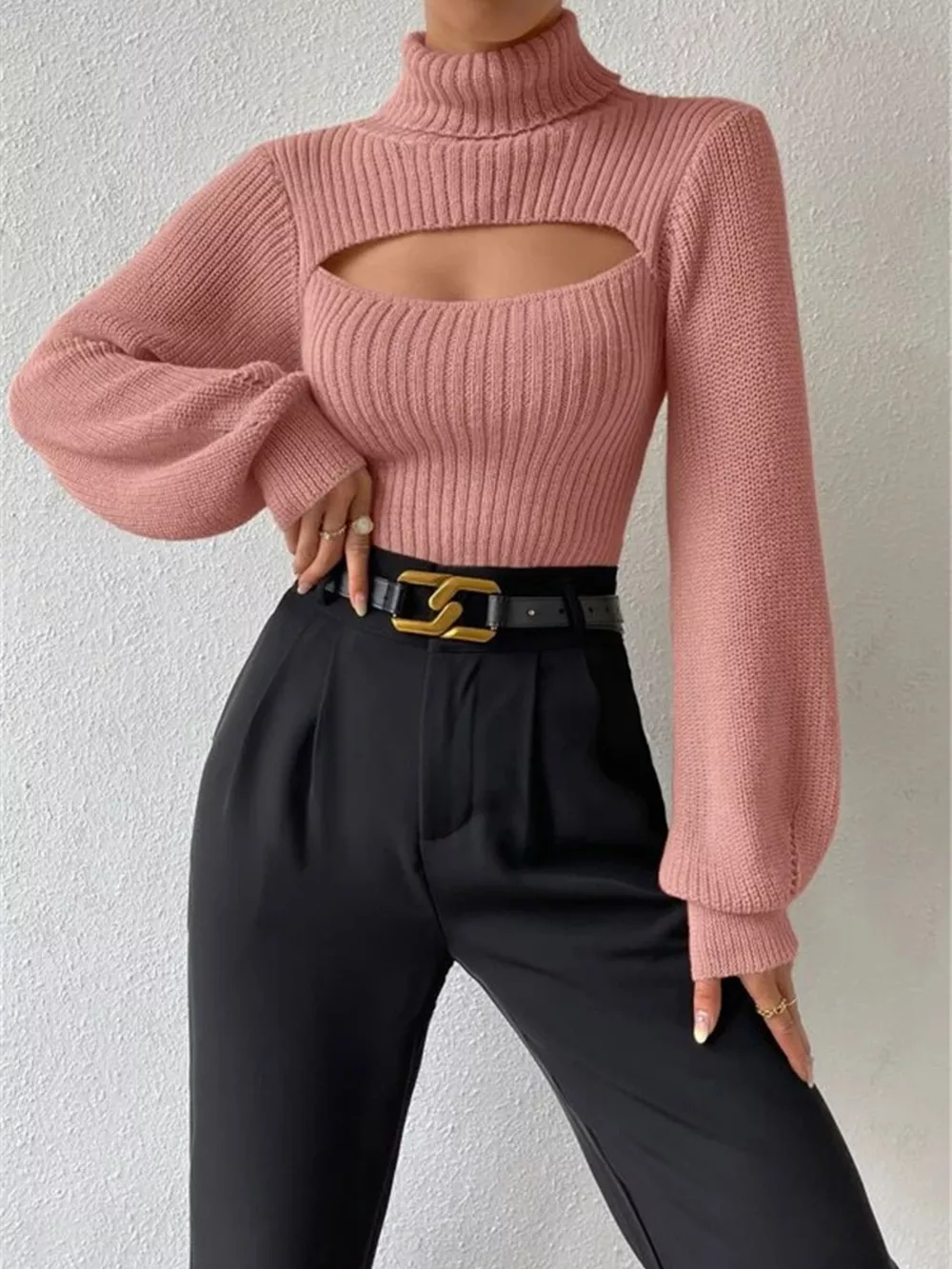 Cutout Front Turtleneck Long Sleeve Sweater, image 14