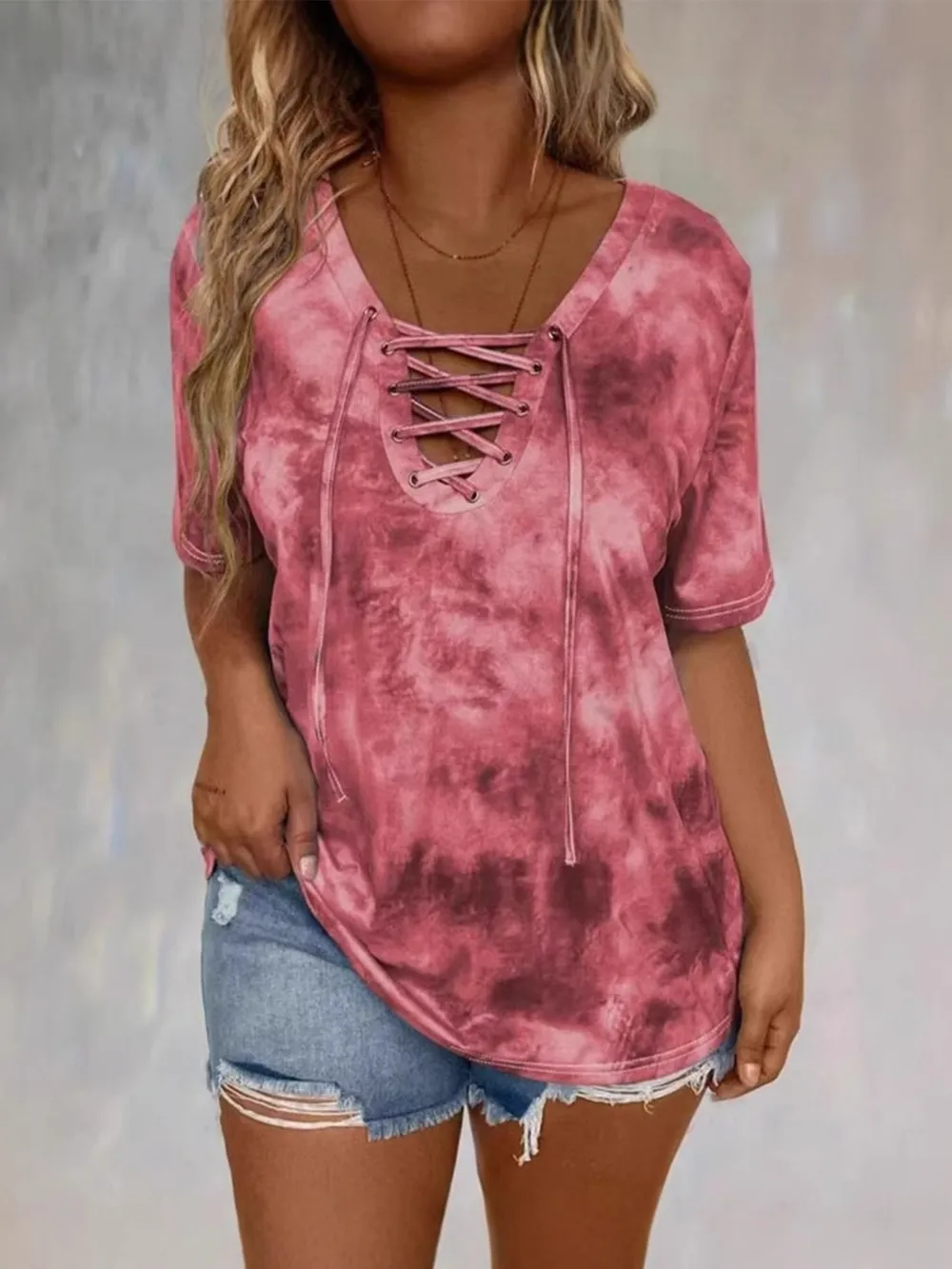 Tie Dye Lace-Up V-Neck Casual T-Shirt