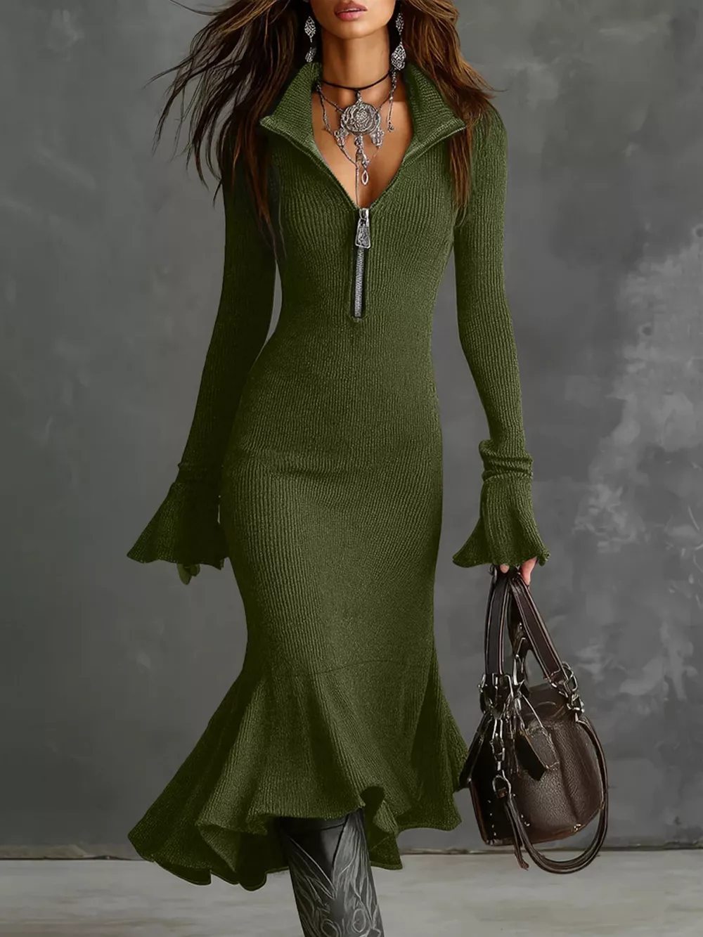 Full Size Quarter-Zip Mermaid Hem Knit Dress Plus Size, image 8