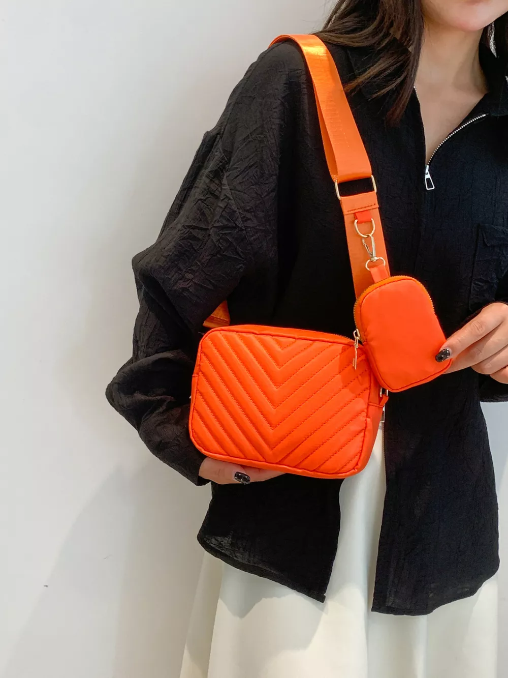 Chevron Quilted Crossbody Bag with Mini Pouch, image 11