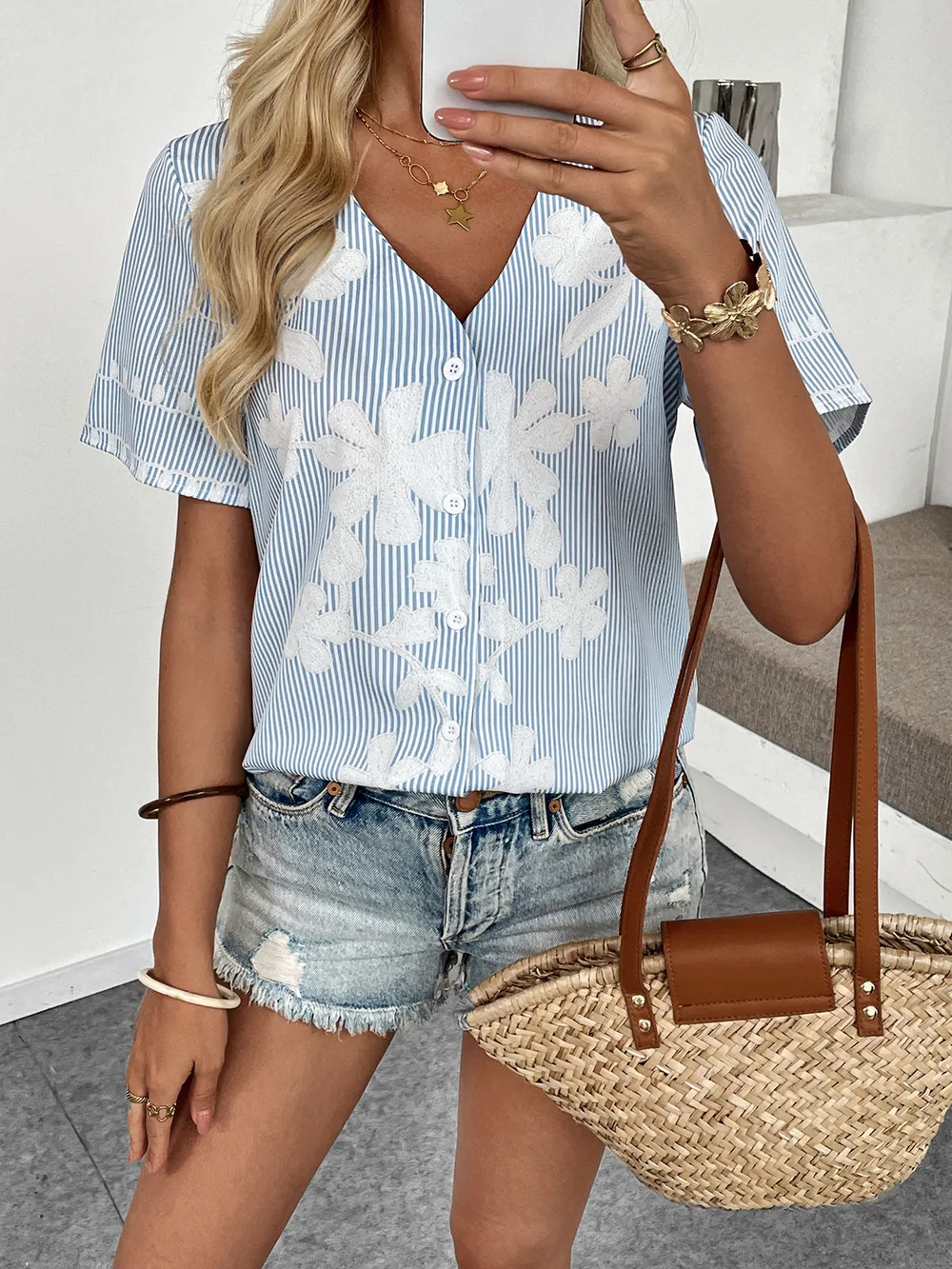 Floral Striped V-Neck Short Sleeve Shirt, image 5