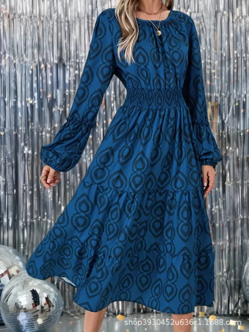 Printed Round Neck Balloon Sleeve Dress