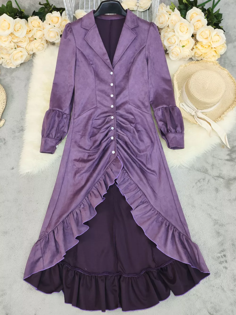Velvet Ruffle Slit Midi Dress, image 2