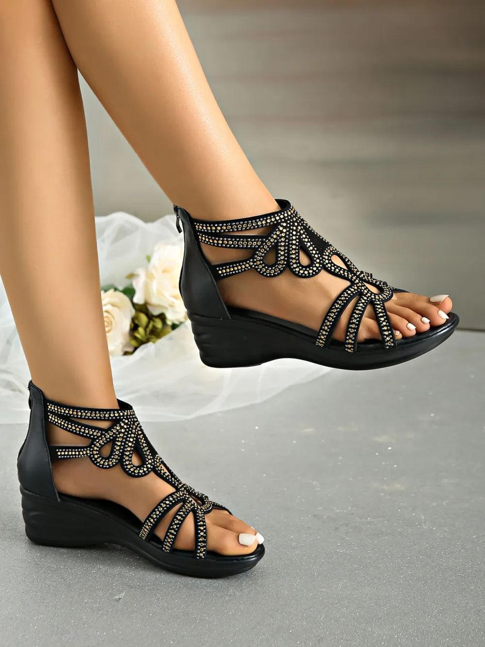 Rhinestone Open Toe Wedge Sandals, image 3