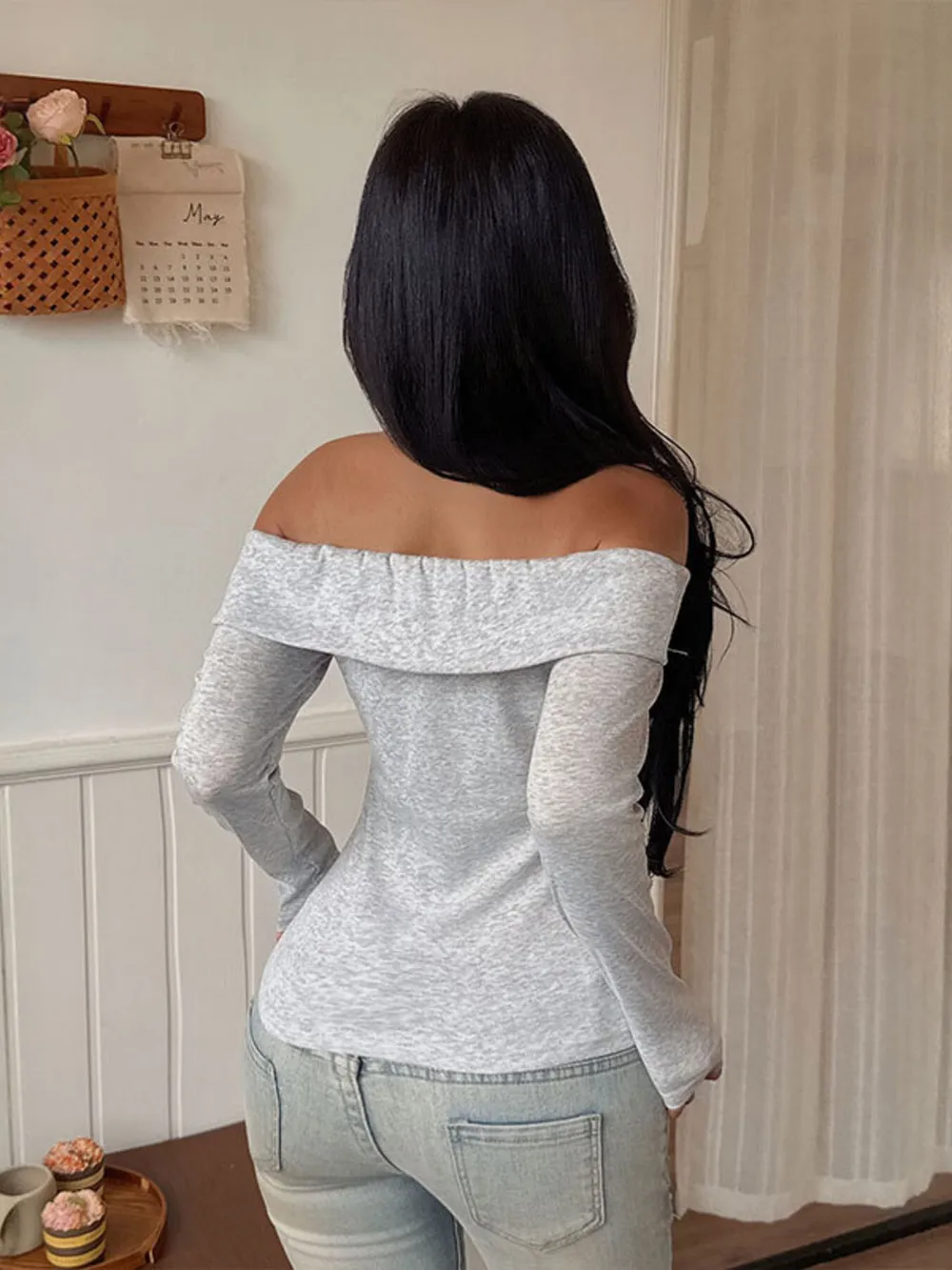 Off-Shoulder Long Sleeve Fitted T-Shirt, image 6