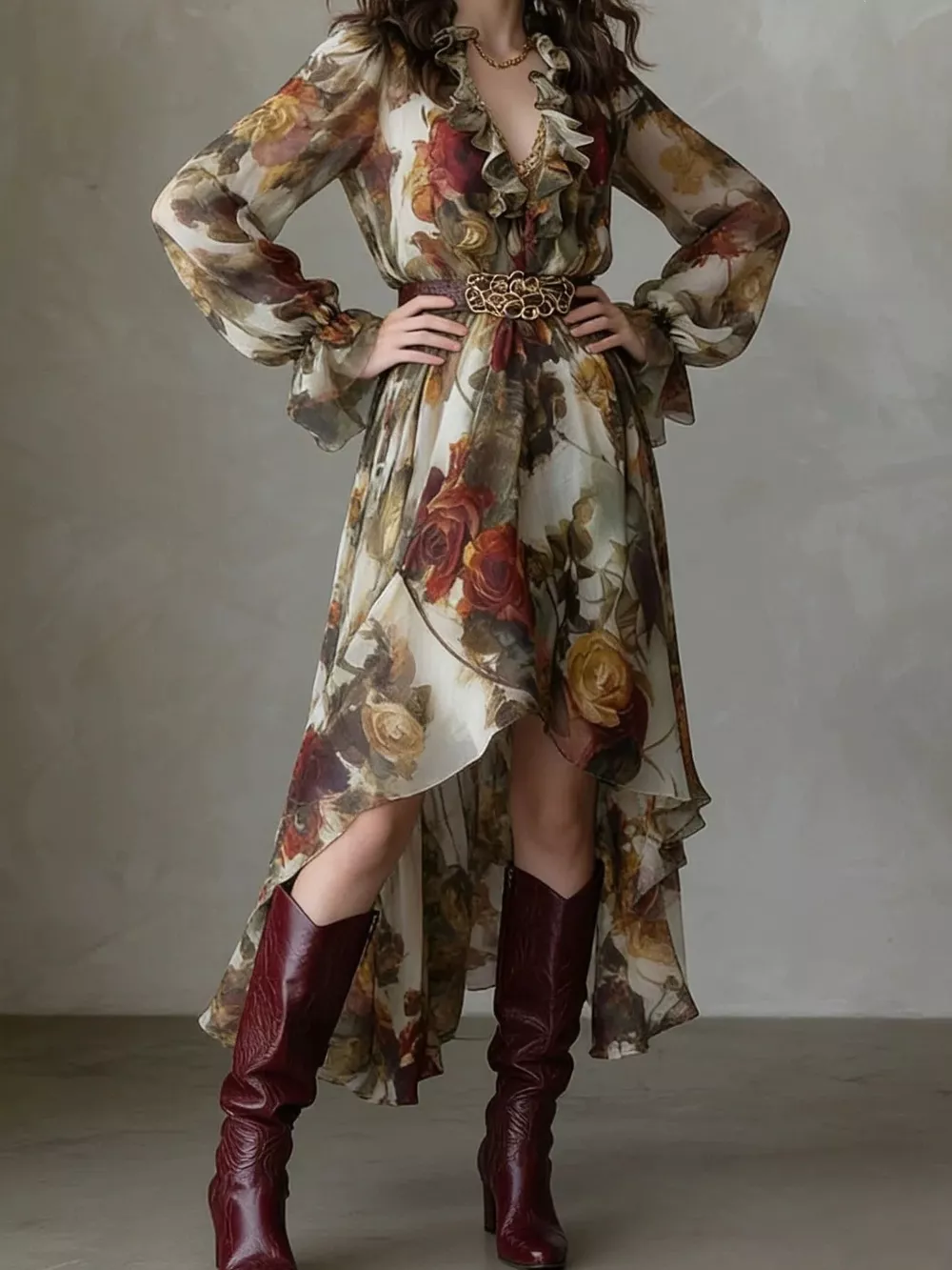 Floral Print Ruffle Trim High-Low Chiffon Maxi Dress, image 4