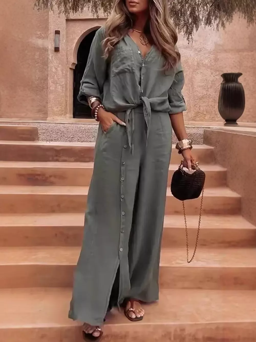 Full Size Tie-Front Shirt and Button-Down Wide-Leg Pants Set Plus Size, image 7