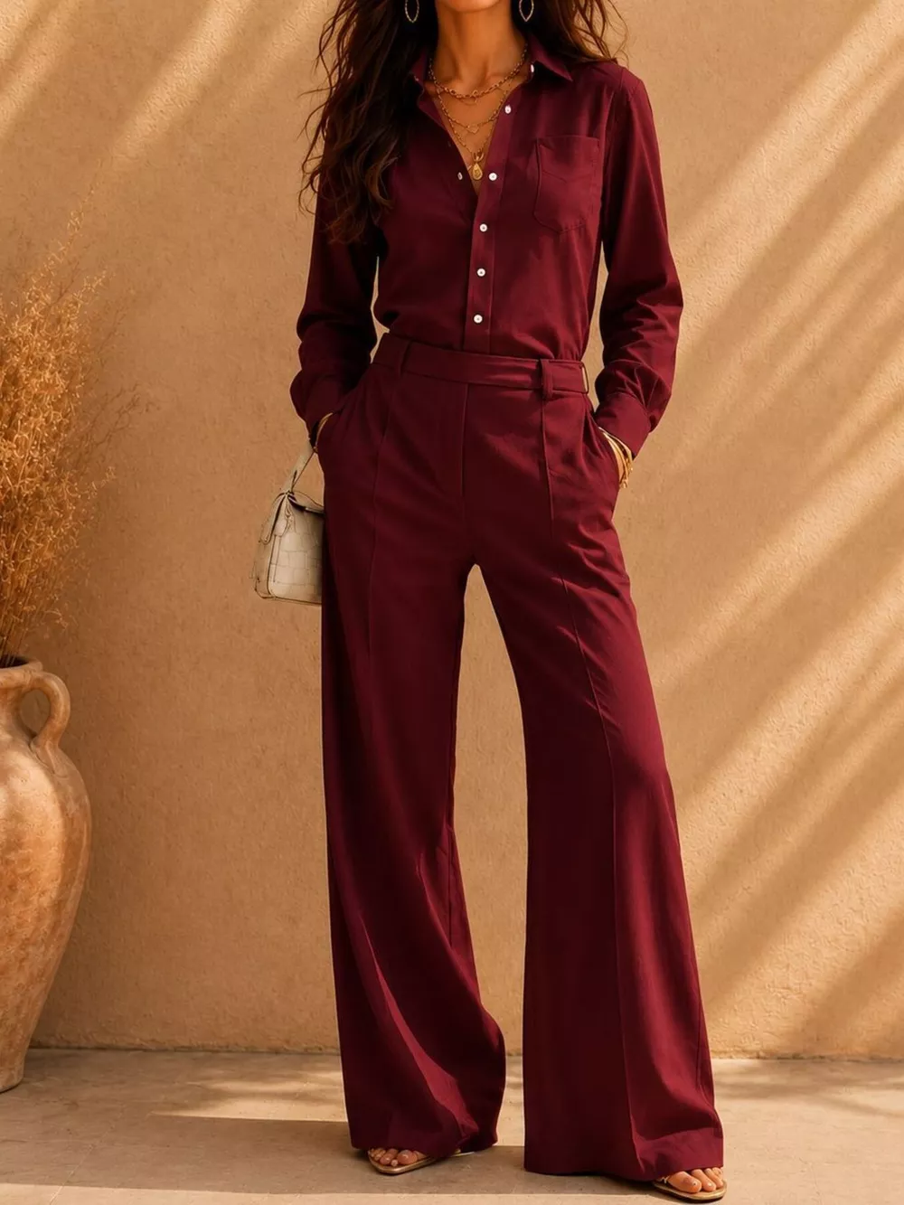 Long Sleeve Shirt and Wide-Leg Pants Set, image 6