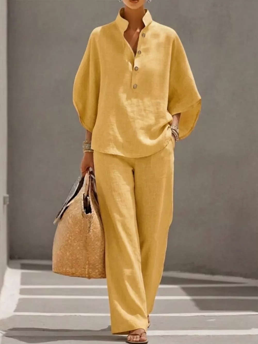 Full Size Button Detail 3/4 Sleeve Top and Pants Set Plus Size, image 7
