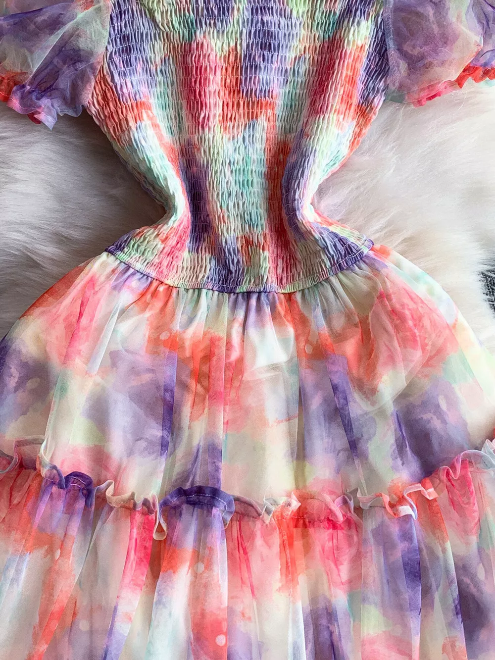 Smocked Floral Tiered Mesh Midi Dress, image 17