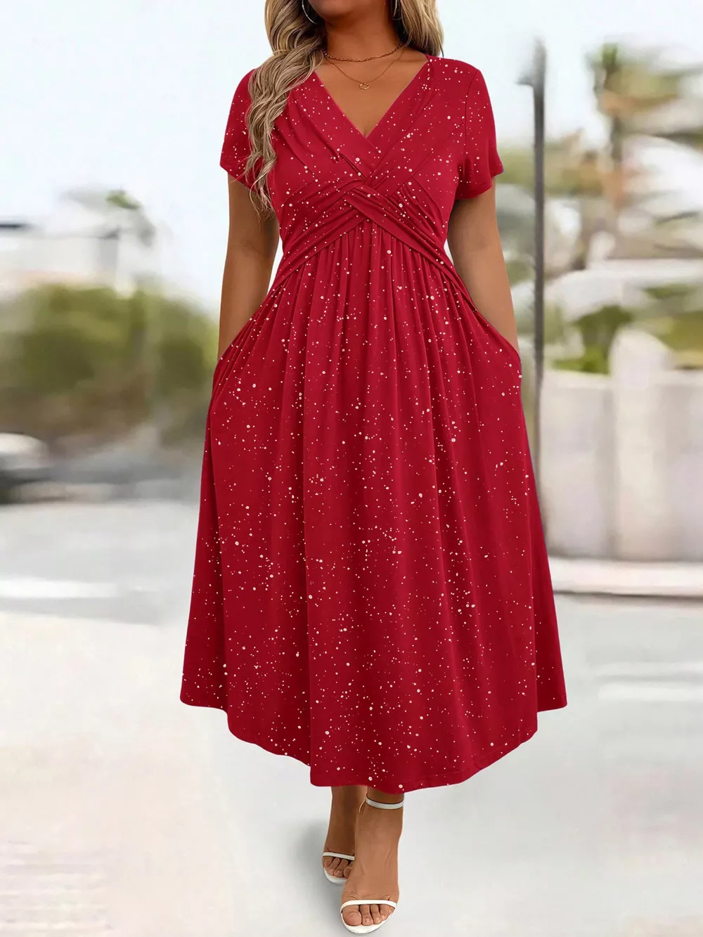 Full Size Glitter Flutter Sleeve Midi Dress Plus Size, image 2