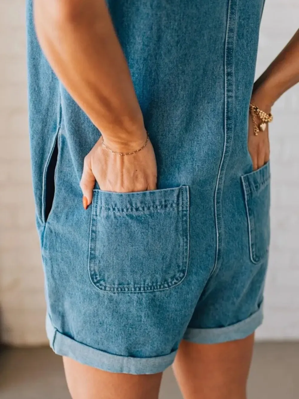 Zip Front Sleeveless Denim Romper, image 5