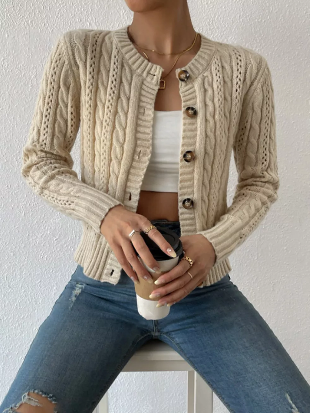 Cable Knit Button-Up Cardigan, image 9