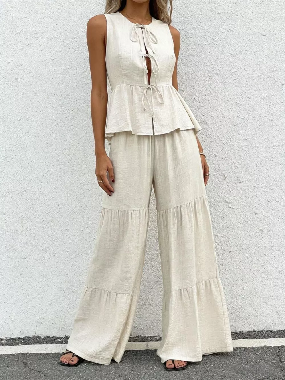 Sleeveless Tie-Front Top and Wide Leg Pants Set, image 4
