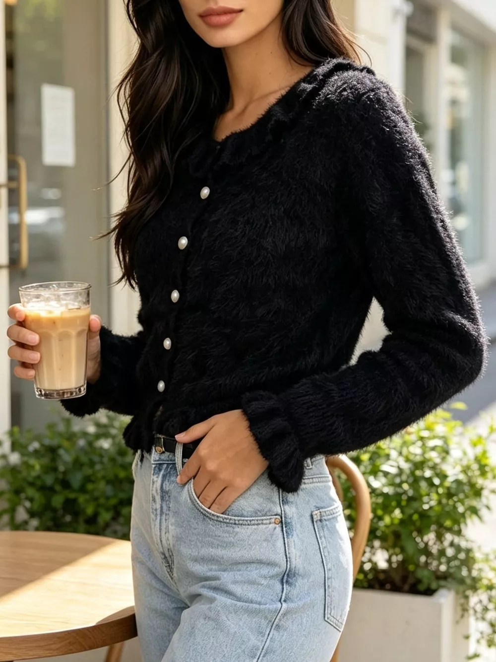 Soft Fuzzy Cardigan with Ruffled Collar and Pearl Buttons, image 26