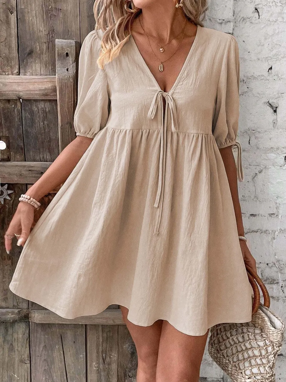 V-Neck Tie-Front Mini Dress with Puff Sleeves, image 11