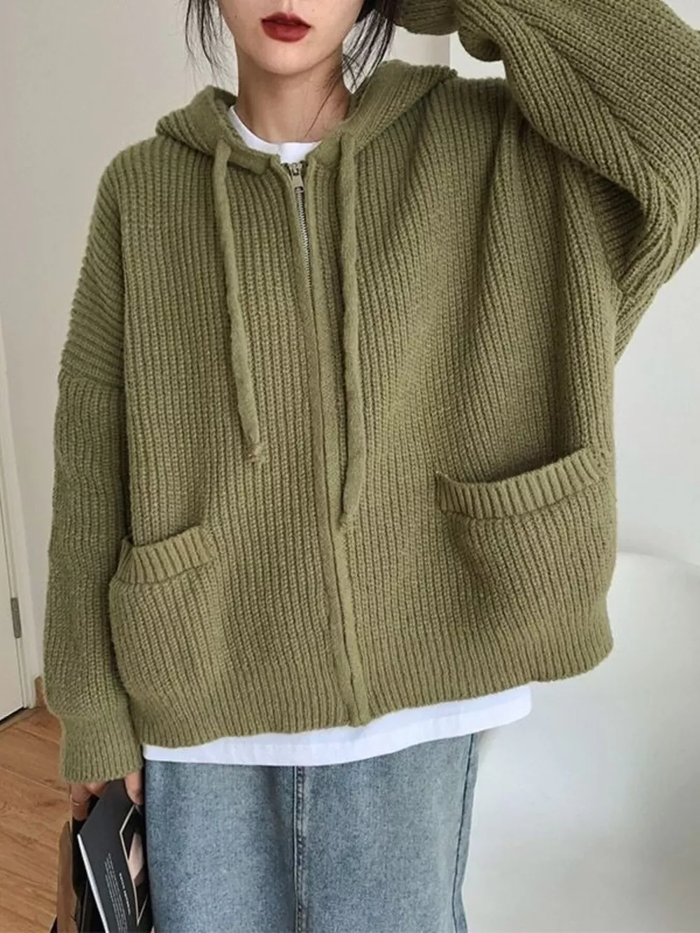 Casual Knitted Zip-Up Hooded Cardigan, image 5
