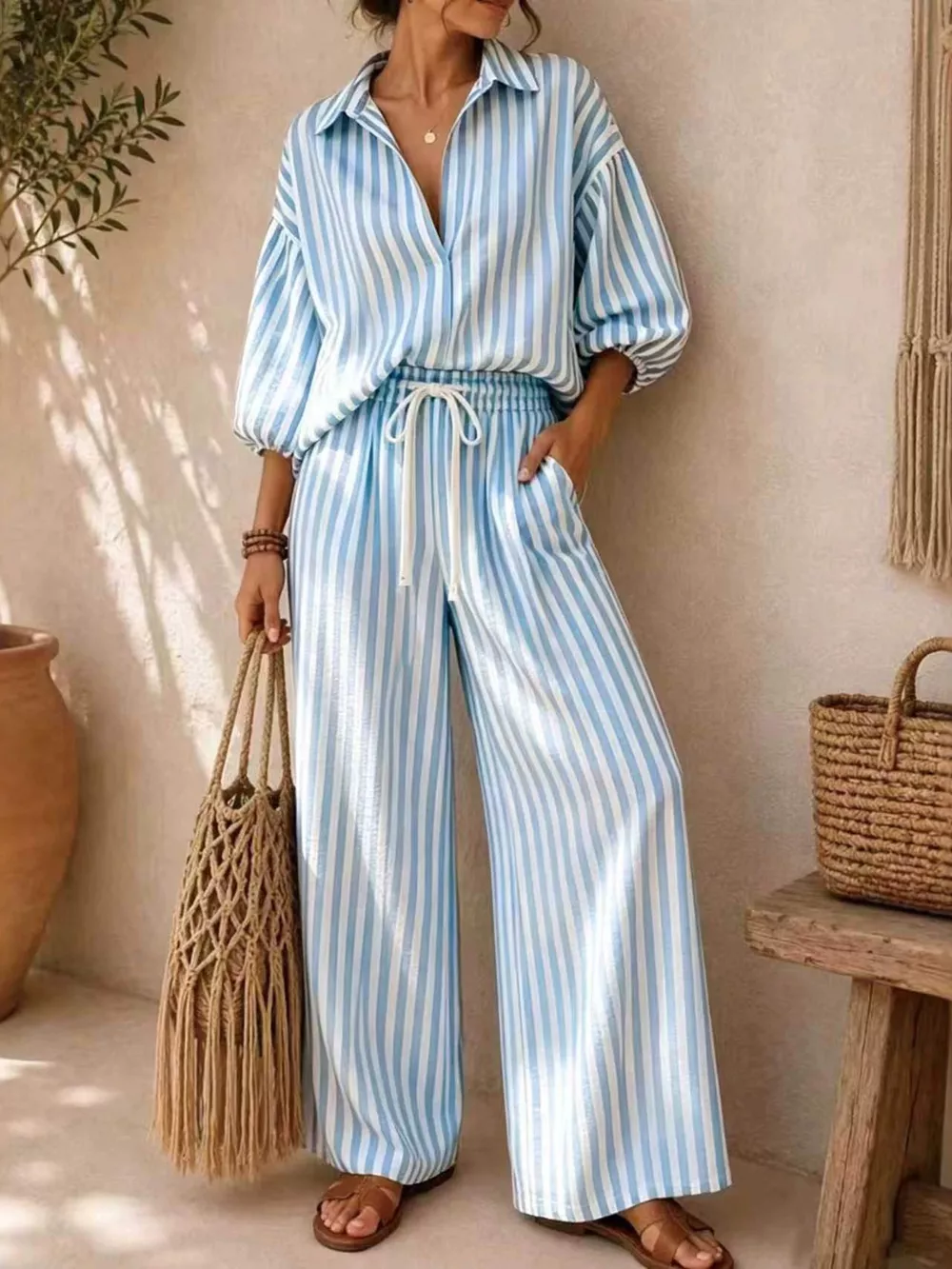 Full Size Striped Puff Sleeve Shirt and Wide-Leg Drawstring Pants Set Plus Size, image 10
