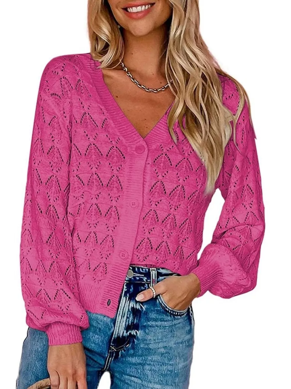 Chic V-Neck Openwork Button-Down Knit Cardigan, image 13