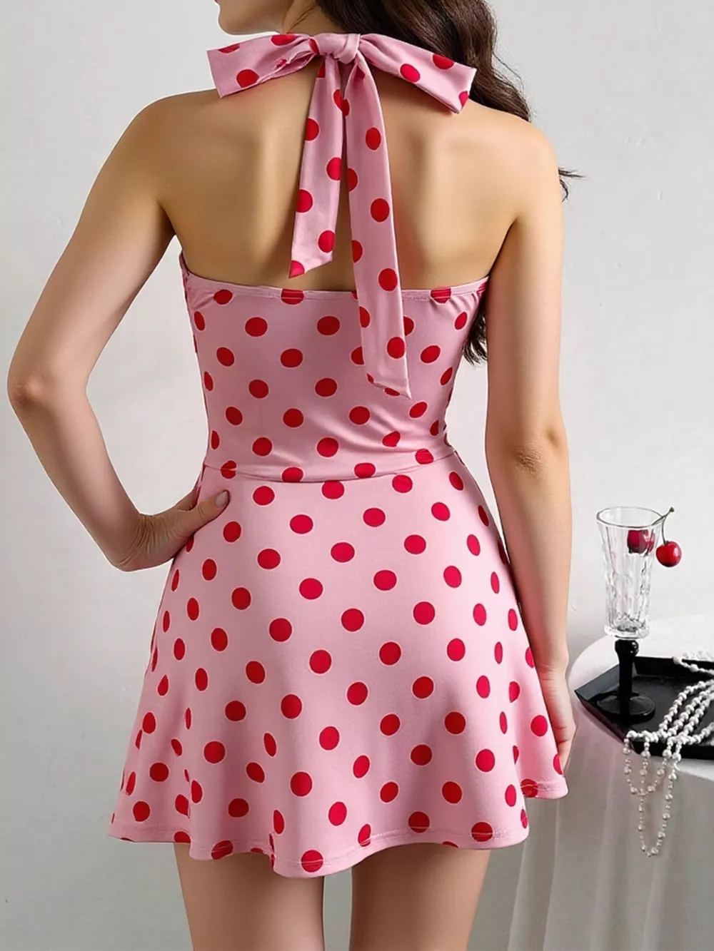 Polka Dot Halter Neck Twisted Front Mini Dress, image 5