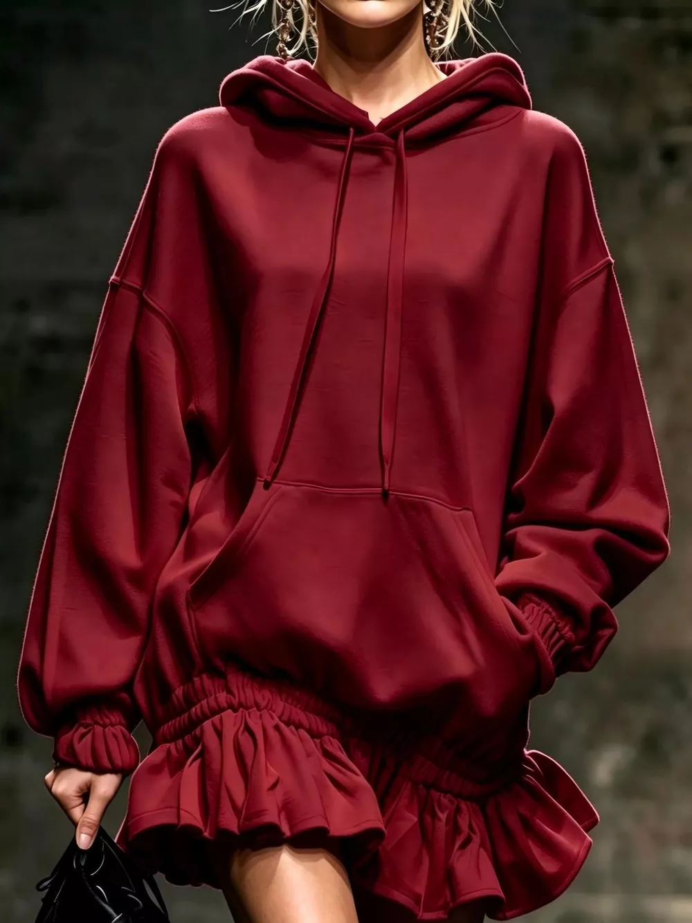 Hoodie Sweatshirt Mini Dress with Ruffled Hem, image 6