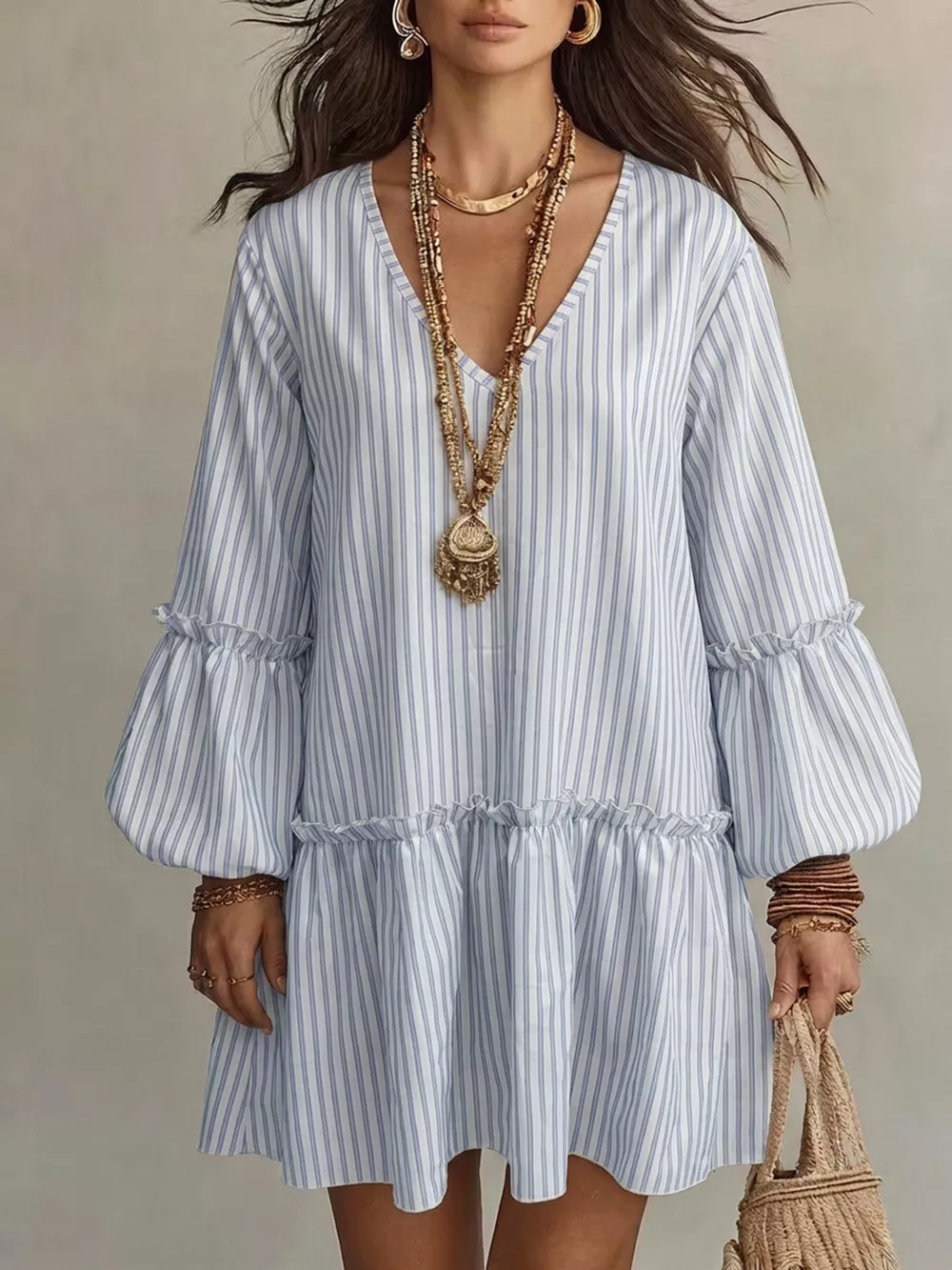 Full Size Striped Balloon Sleeve Mini Dress Plus Size, image 6