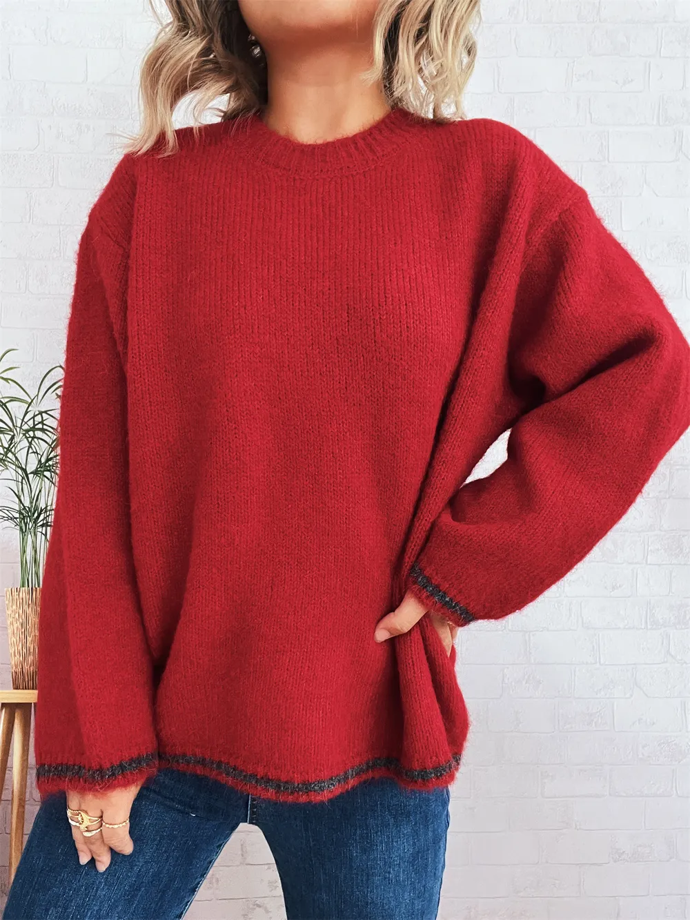 Contrast Trim Round Neck Cozy Sweater, image 16