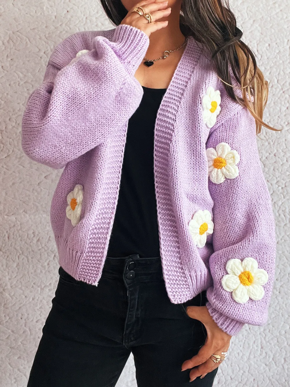 Flower Open Front Long Sleeve Cardigan, image 13