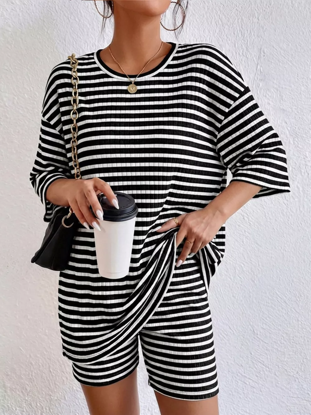 Striped Round Neck Top and Shorts Set, image 8