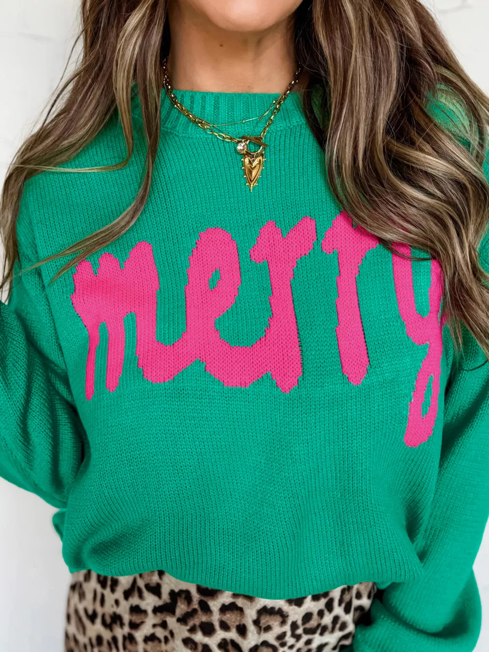 Merry Print Ribbed Trim Round Neck Loose Fit Sweater, image 12