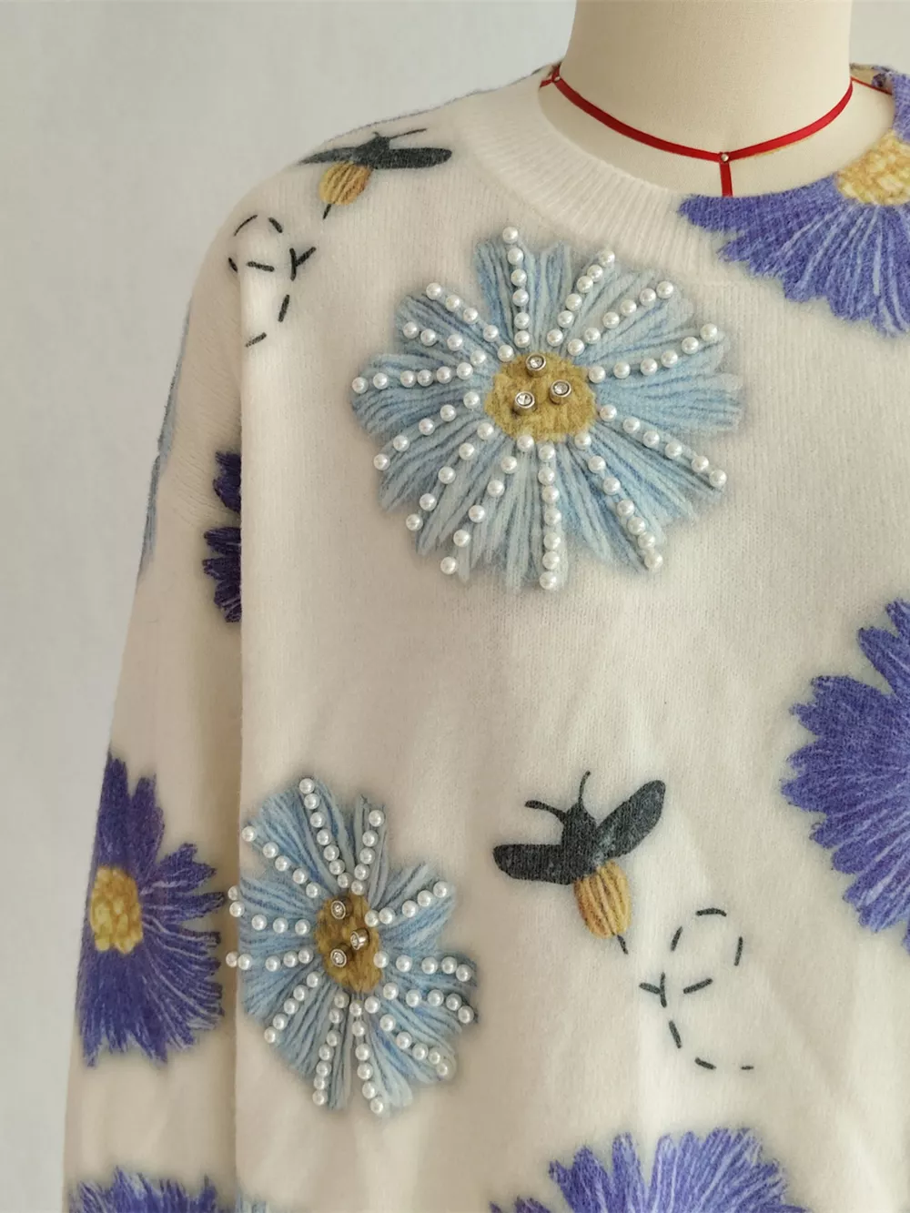 Pearl Detail Flower Round Neck Sweater, image 6