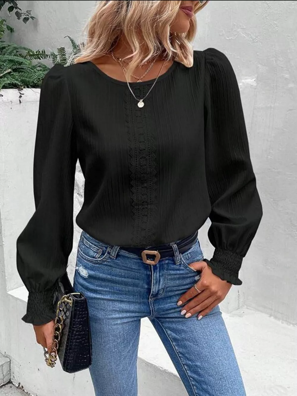 Lace Trim Long Sleeve Blouse