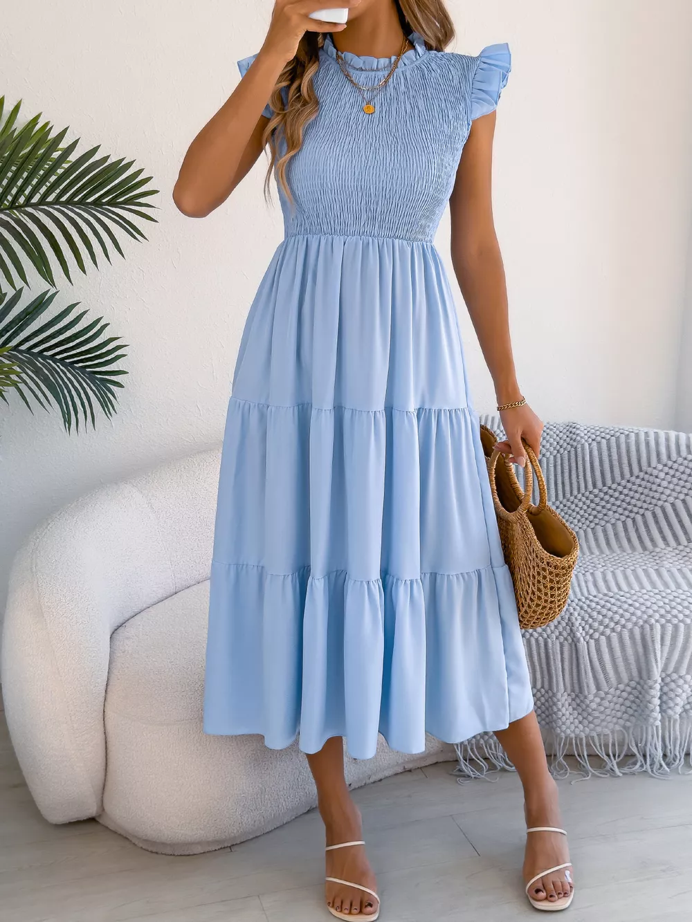 Smocked Ruffled Cap Sleeve Dress, image 8